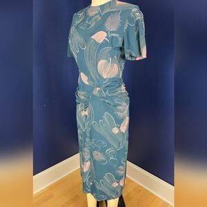 Vintage 1940s Rayon Novelty Print Dress In Petrol Blue, Size Small